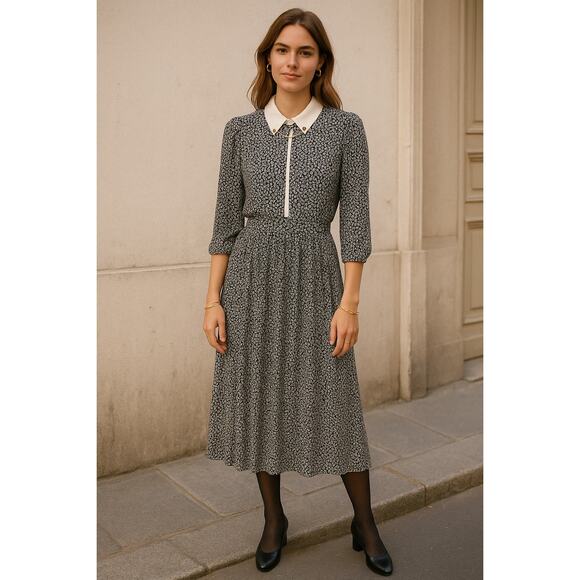 Vintage L Silky Secretary Midi Dress Pleated Puff Shoulder Sezane Collar Chain - Picture 8 of 16